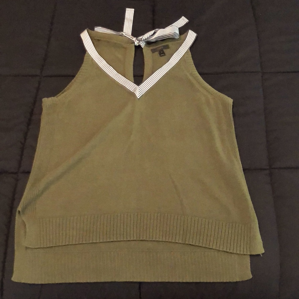 J. Crew Olive Green Tank Top Sweater with Black and White Stripe Detail, Medium
